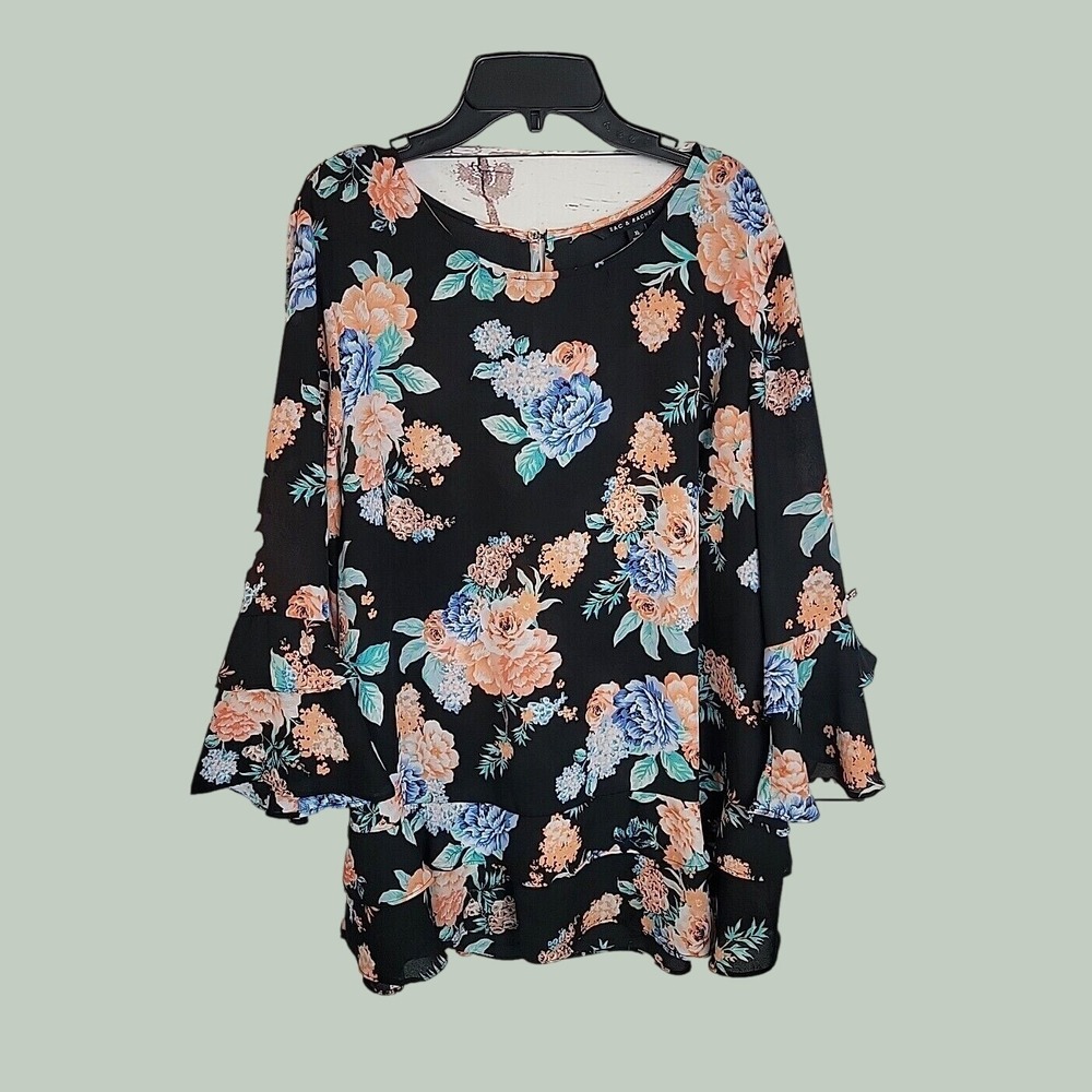 Zac & Rachel Blouse Floral Ruffle Bell Sleeve Boho Cottagecore Romantic Black XL